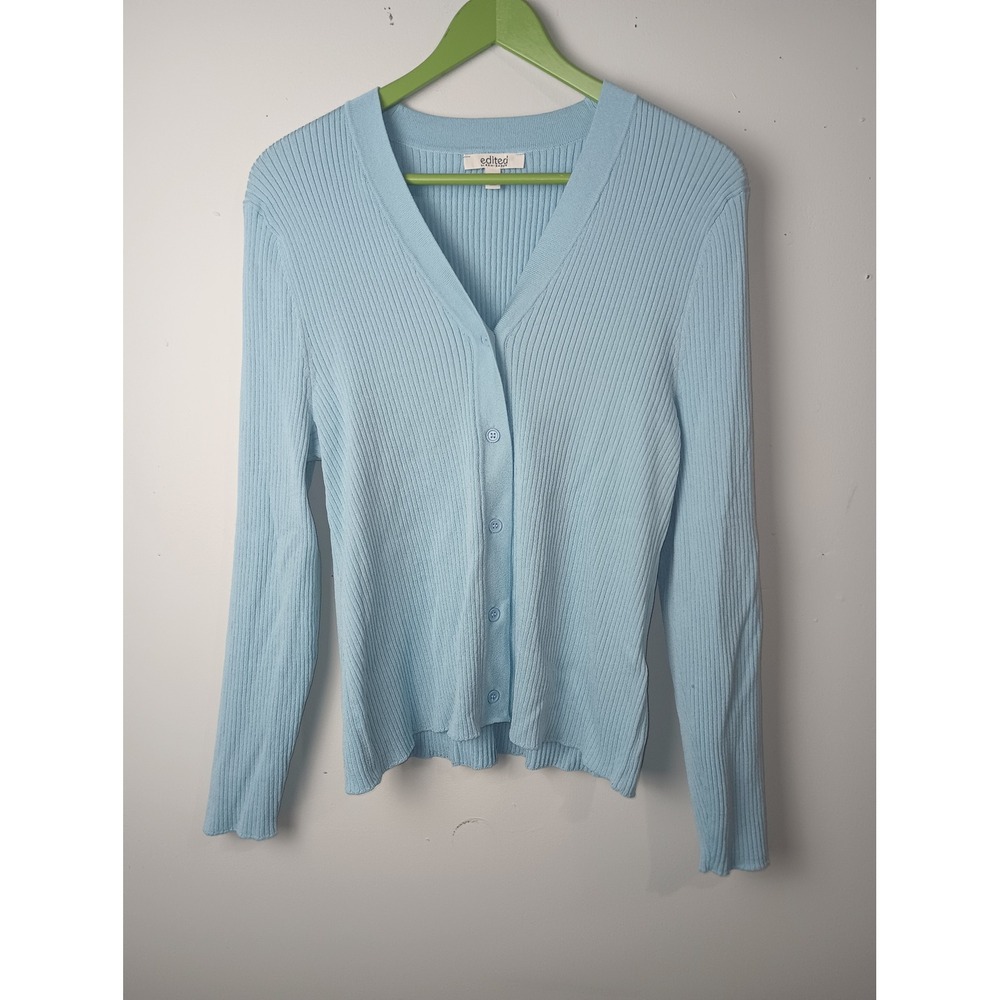 Edited by Remi Bader Womens Plus 1X Ribbed V-Neck Cardigan Blue Button Front